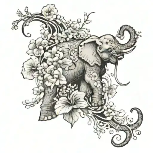 Zodiac Sign Cancer Crossed With Elephant Tattoo Design With Flowers And Waterfalls