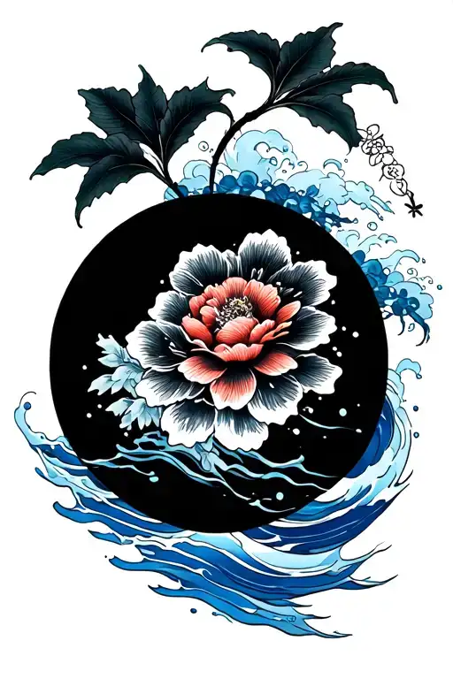 Japanese Style Flowers And Water Waves