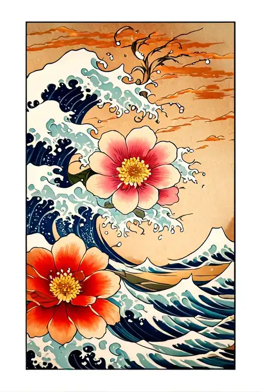Japanese Style Flowers And Water Waves Crashing In The Background