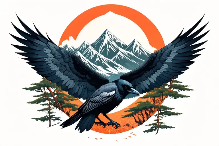 Geometric Forest With Mountains And Raven With Spread Wings