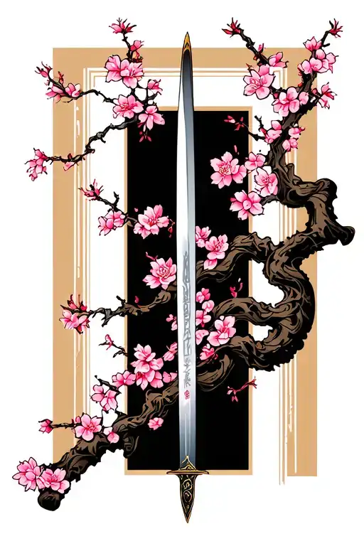 Samurai Sword With Cherry Blossom Tree Wrapping Around It