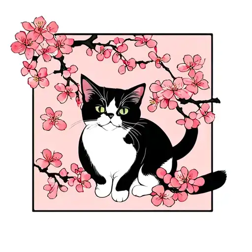 Black And White Cat With Cherry Blossoms