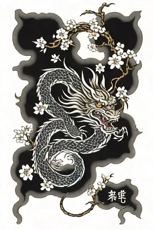 Japanese Style Dragon Surrounded By Cherry Blossoms
