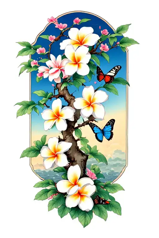Plumeria Tree With Blooming Flowers And Butterflies