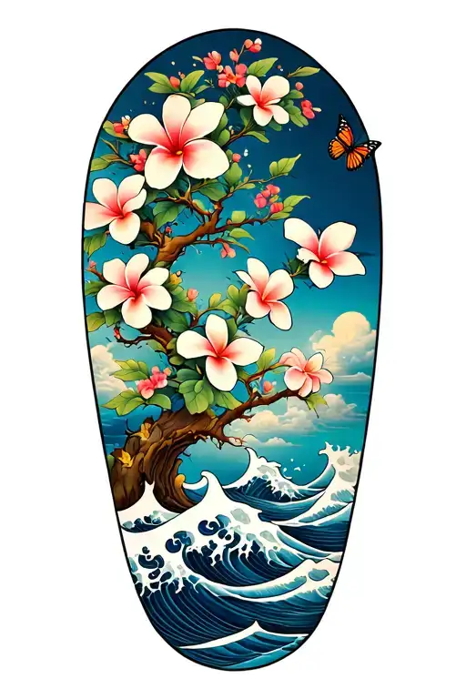 Plumeria Tree With Blooming Flowers And Butterflies With The Waves And Clouds