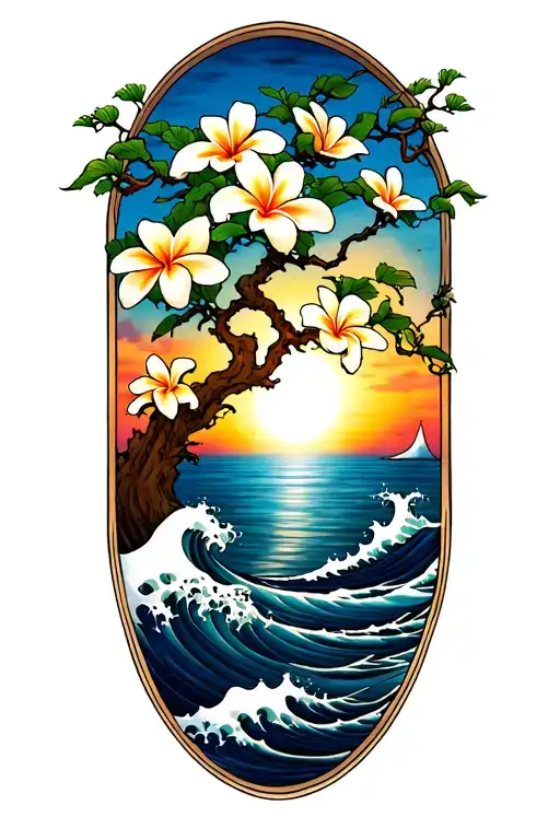 Plumeria Tree And The Sea With Waves Crashing And The Sun Setting
