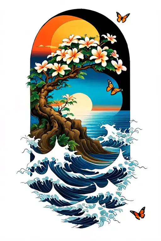 Plumeria Tree And The Sea With Waves Crashing And The Sun Setting And Butterflies Flying