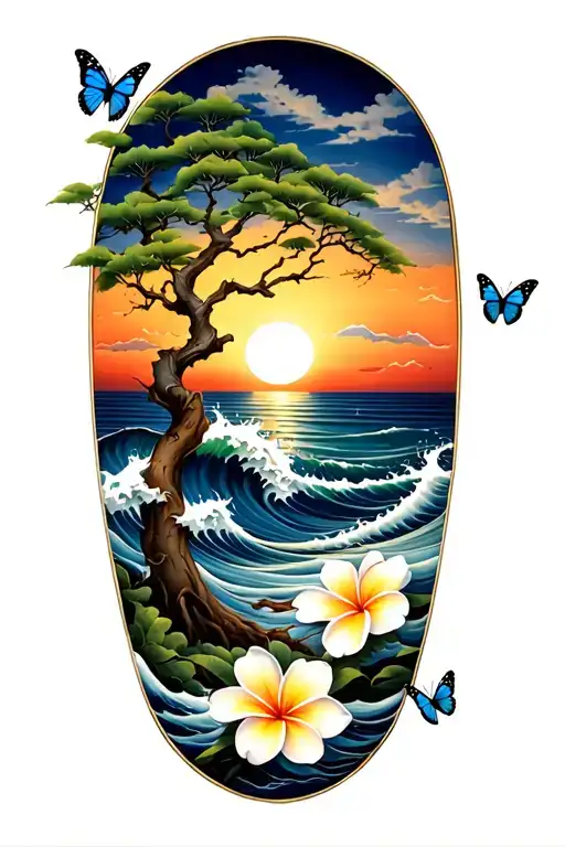 Plumeria Tree And The Sea With Waves Crashing And The Sun Setting And Butterflies Flying