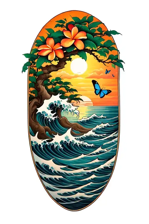 Plumeria Tree And The Sea With Waves Crashing And The Sun Setting And Butterflies Flying