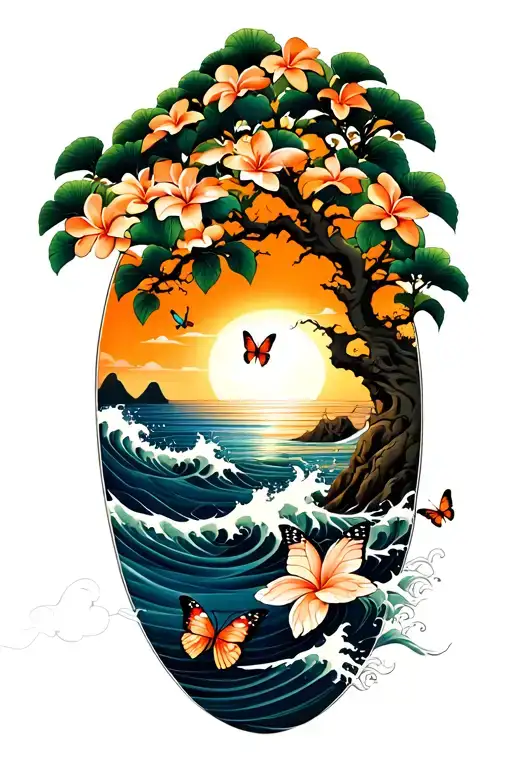 Plumeria Tree And The Sea With Waves Crashing And The Sun Setting And Butterflies Flying