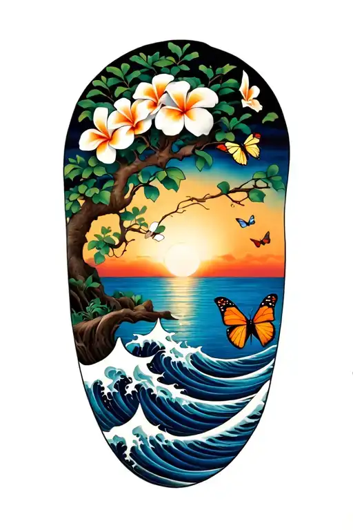 Plumeria Tree And The Sea With Waves Crashing And The Sun Setting And Butterflies Flying