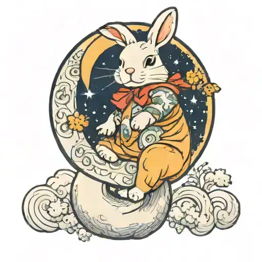 Toy Stuffed Baby Bunny Sitting On A Crescent Moon With Its Legs Dangling Over The Moon