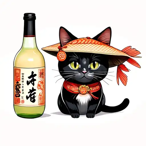 Bottle Of Makgeolli With Cat On The Side Wearing A Fish Hat