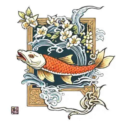 Yakuza Inspired Koi Fish Swimming Into Tori Gate With Lilys Framing It