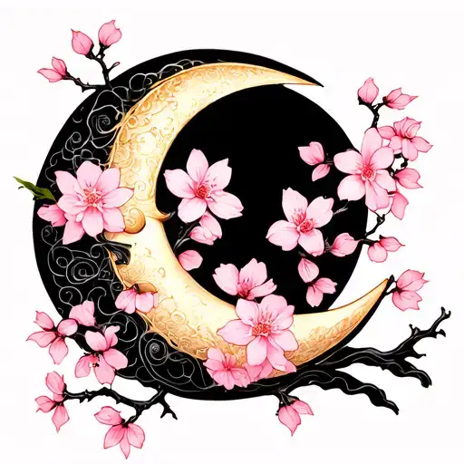 Crescent Moon And Sakura Blossoms Back