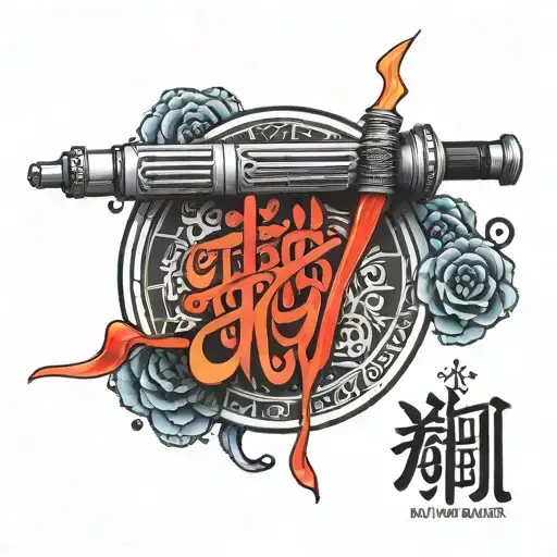 A Dotwork Tattoo Of A Lightsaber With The Name 'Nayeli' Written In Aurebesh Script Around It