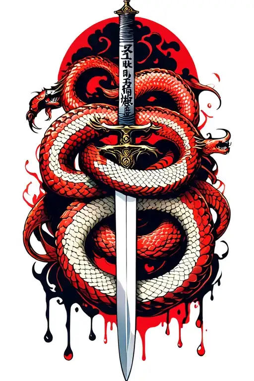 Red Snake Around Sword Bleeding At Bottom