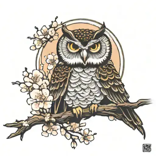 Owl Sun Setting Cherry Blossom Petals Falling