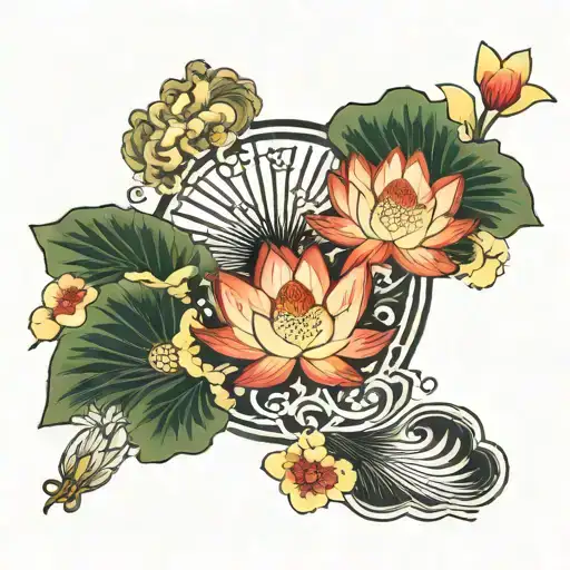 Lotus Flower Blooming From A Traditional Japanese Fan Surrounded By Various Floral Elements