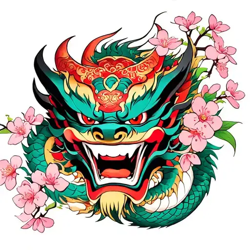 Male Oni Mask With Cherry Blossoms And Dragon Intertwined