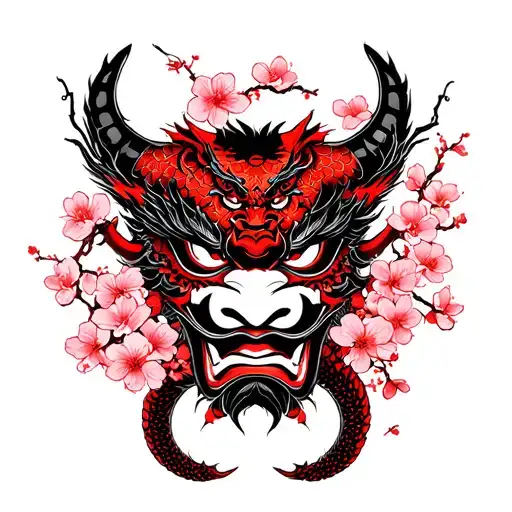 Male Oni Mask With Cherry Blossoms And Dragon Wrapping Black And Red
