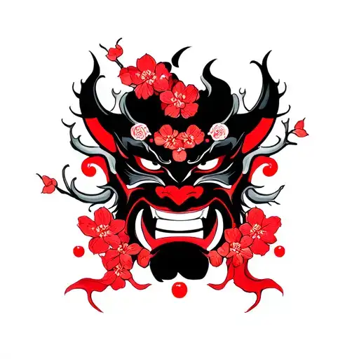 Male Oni Mask With Cherry Blossoms Black And Red