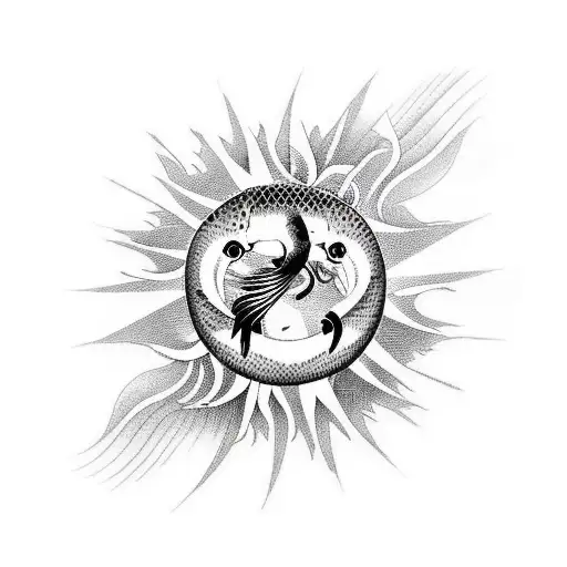 Koi Fish With The Sun In The Background With De Logo Of Berserk In The Midle