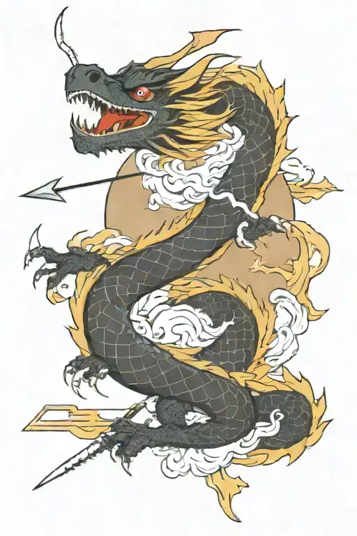 An Arrow Wrapped By A Dragon And Lightning Bolts