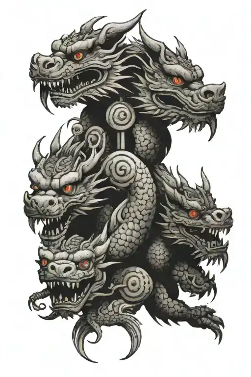 Three Dragons With One Head As A Microphone And One Head As A Camera On Chest And Bicep