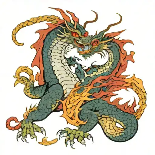 A Male Dragon Riding A Female Dragon Breathing Fire