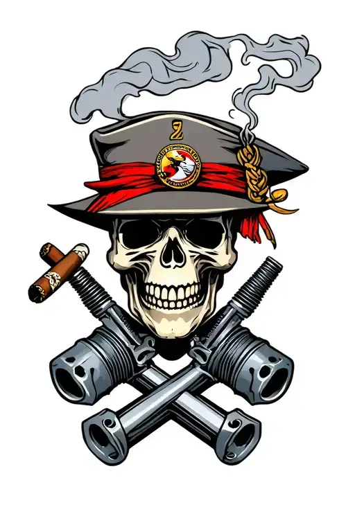 Crossed Engine Pistons Behind Skull Wearing Usmc Hat Smoking A Cigar