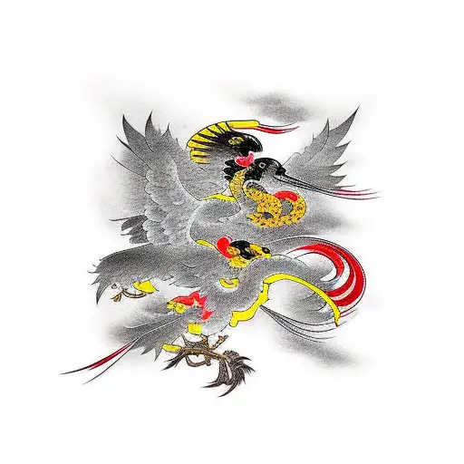 Traditional Japanese Crane Using Black Red And Yellow