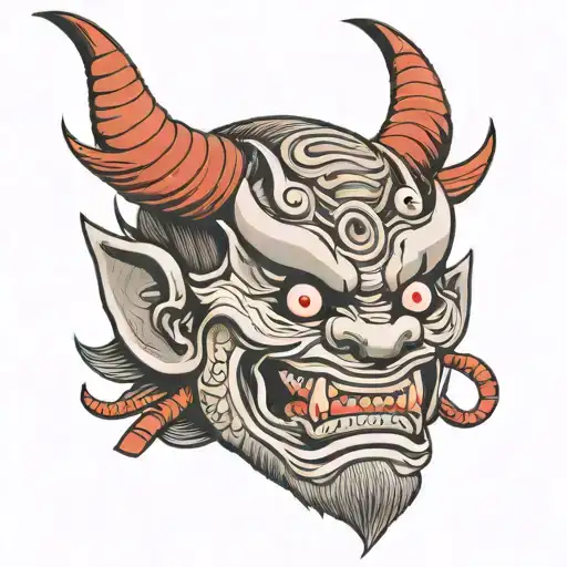 Japanese Oni Mask With Red Eye And Tample Background