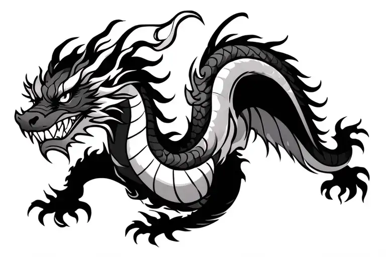 Single Head Traditional Japanese Dragon Without Wings Black And Grey Full Length Design