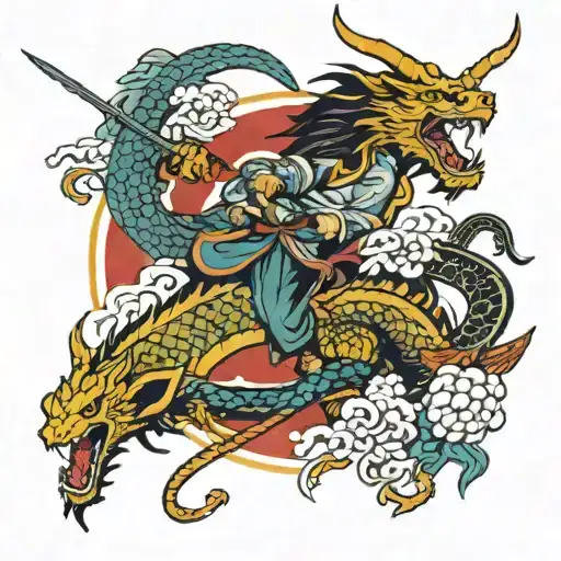 A Traditional Japanese-inspired Design Of A Sagittarius And Dragon In A Fierce Battle Scene