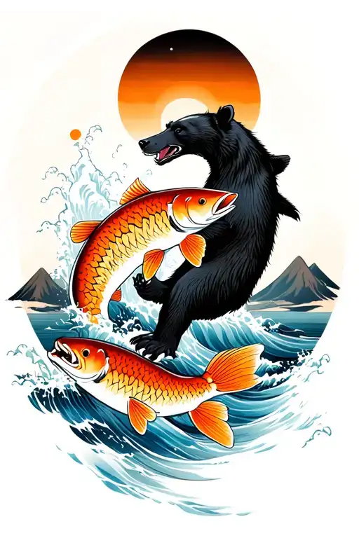 Arm Sleeve With Salmon And Black Bear Fighting With Water And Mountains In The Background