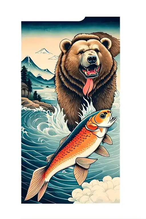 Arm Sleeve With Salmon And Bear With Water And Mountains In The Background