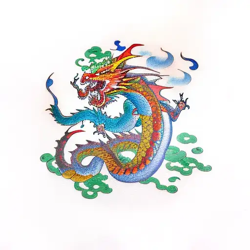 Colourful Dragon With Tigers And Bright Background