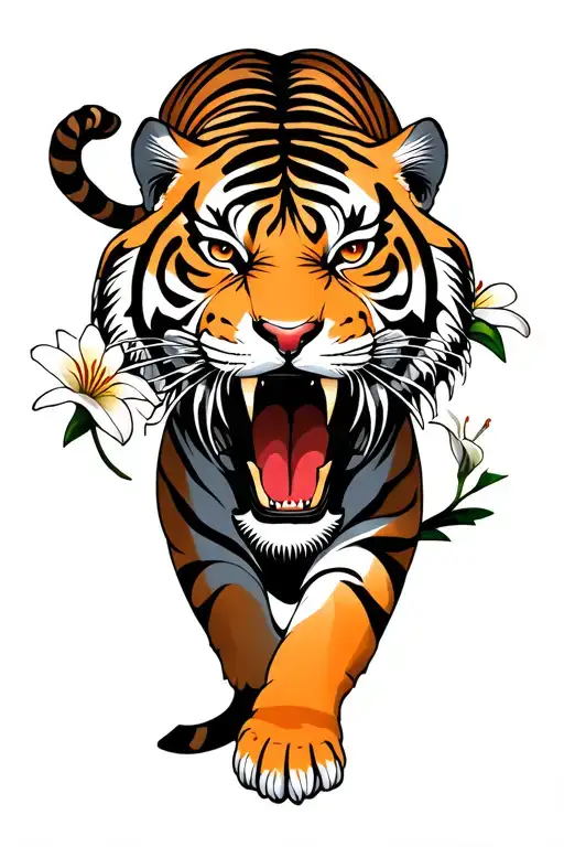 Tiger Crawling Up Holding A Katata With It's Mouth Surrounded By Lillies