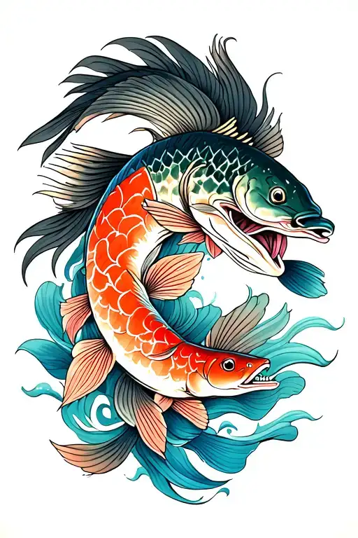 Blueblack Left Forearm Sleeve With A Salmon And Redgreen Right Forearm Sleeve With A Pike