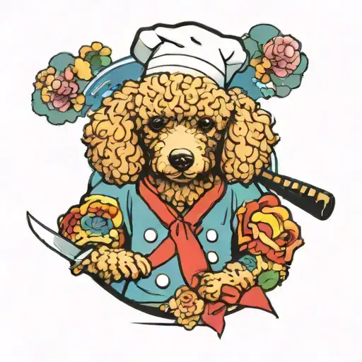 Colorful Poodle Wearing A Japanese Chef Band And A Knife