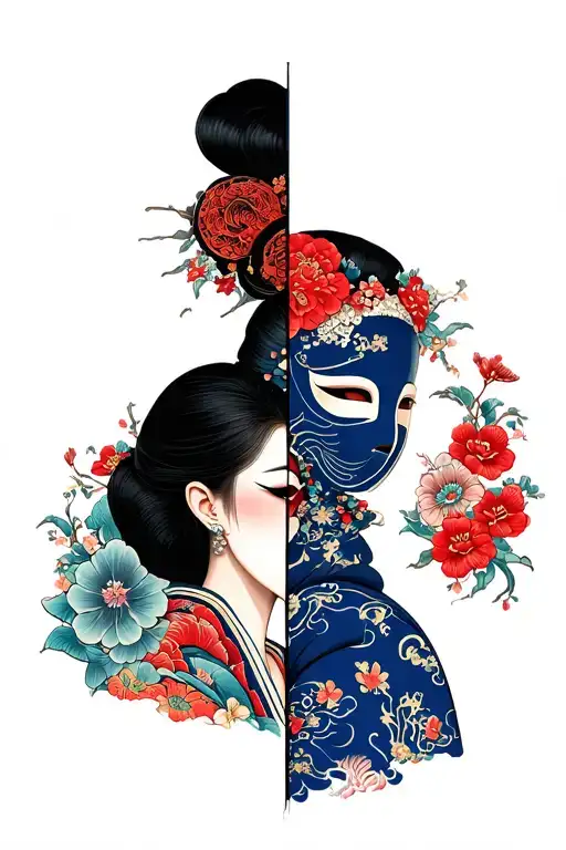 Asian Women With A Mask Split In Half