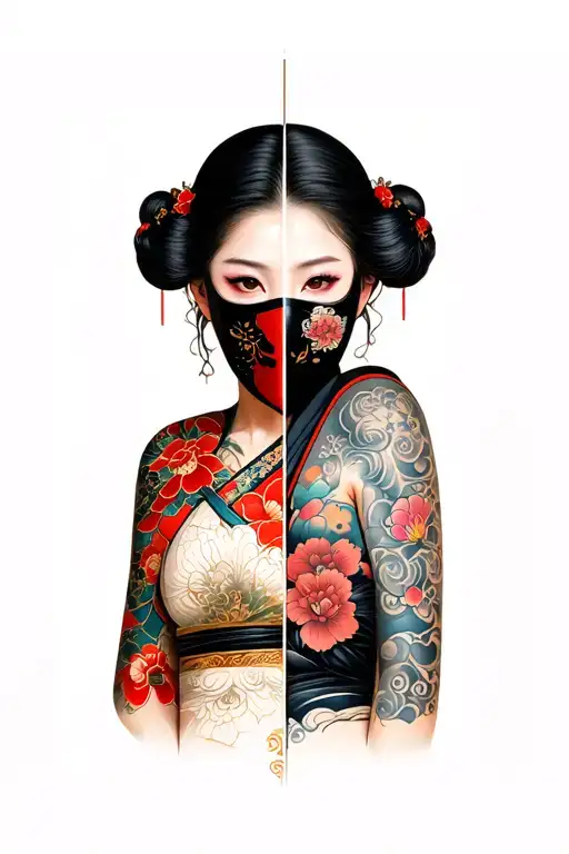 Asian Women With A Mask Split In Half
