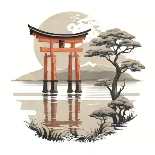 Torii And Lake Inside Painted Circle