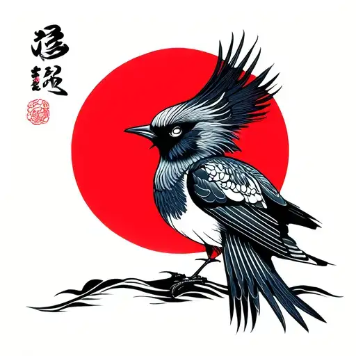 Asian Bird With Red Sun Rising