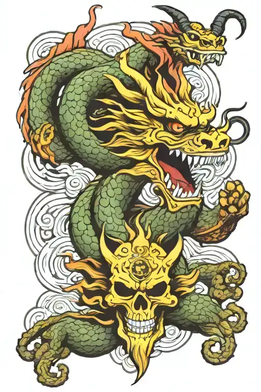 Japanese Dragon With Samurai Skull