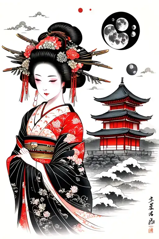 Geisha With Temple At The Background And Moon Phases