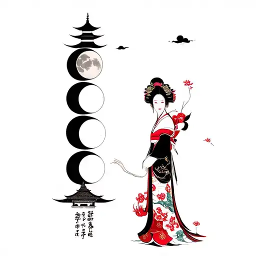 Geisha With Temple At The Background And Moon Phases
