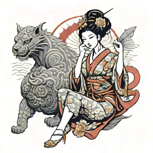 Japanese Geisha Wearing Bikini Holding Parasal Sitting With Foo Dog