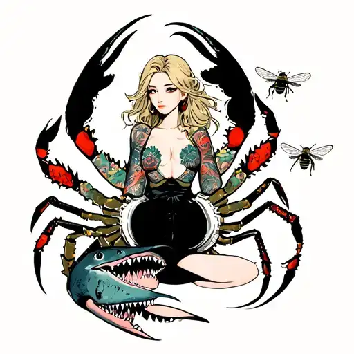 Blonde Woman With Ass Out With Shark Crab And Bees